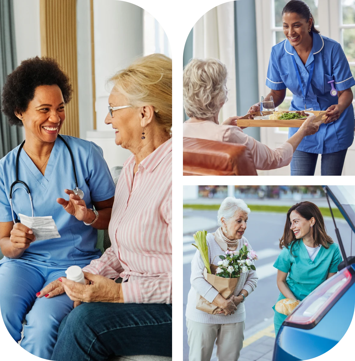 Nurses interacting with senior women